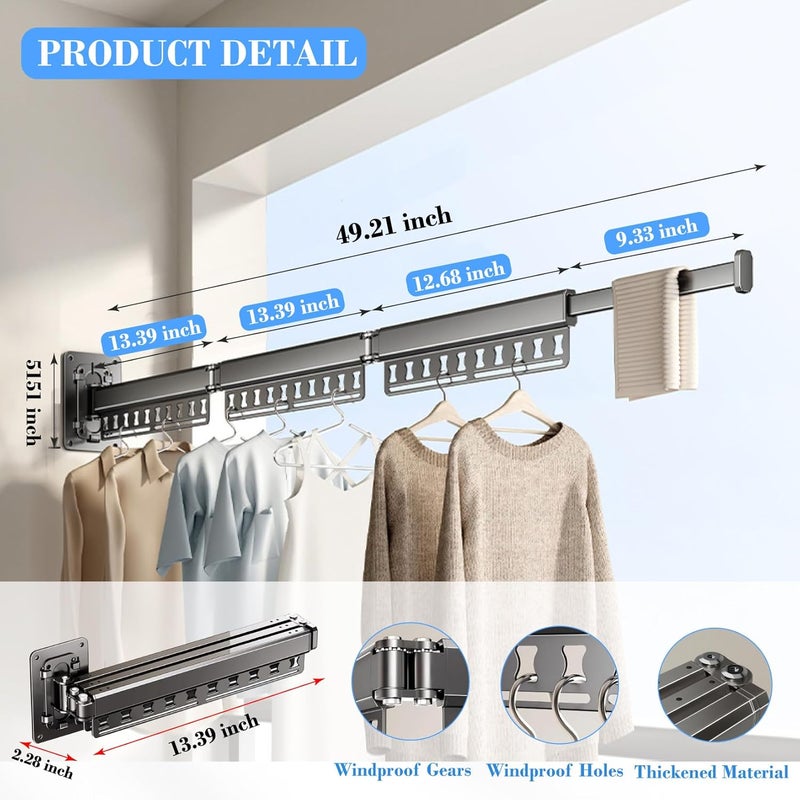 HGZBS Clothes Drying Rack Wall-Mounted, 3-Fold Retractable Clothes Hanger with Windproof Holes & Detachable Design, Sturdy Foldable Laundry Rack for Balcony, Bathroom Use (Gunmetal Gray) - Image 2